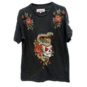 Reason Mens T-Shirt Medium Black Embroidered Graphic Short Sleeve Grunge Gothic